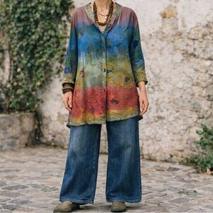 CITRON SANTA MONICA 100% Silk Rainbow Asian Watercolor Button Down Tunic Top